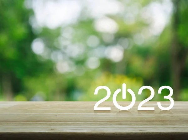 2023 start up business flat icon on wooden table over blur green tree in park, Happy new year 2023 cover concept