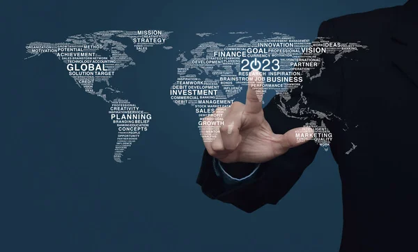 Businessman Pressing 2023 Start Business Icon Global Business Words World — ストック写真