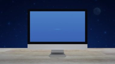 Masaüstü modern bilgisayar ekranındaki yassı simge fantezi gece gökyüzü ve ay üzerindeki ahşap masadaki ekranda, iş hukuku hizmetleri online konsepti