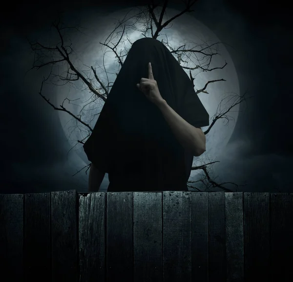 Grim Reaper Showing Silence Sign Finger Standing Dead Tree Full — Zdjęcie stockowe