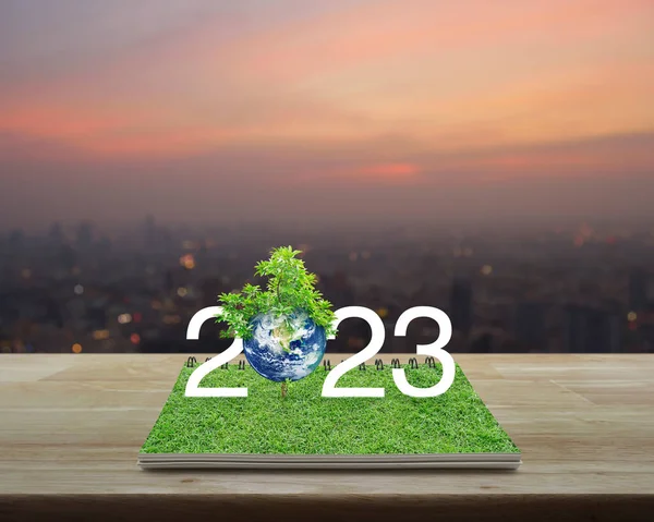 2023 Weißer Text Mit Planet Und Baum Auf Grünem Gras — Stockfoto