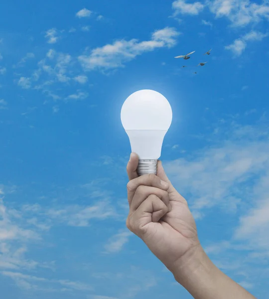 Hand holding led light bulb over blue sky white clouds and birds, Green ecology and saving energy concept