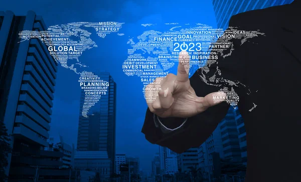 Businessman Pressing 2023 Start Business Icon Global Words World Map — Stock Photo, Image
