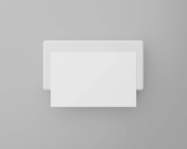 Gri arka plan, Üst Görünüm, 3D görüntüleme, podyum üzerinde boş beyaz kartvizit modeli