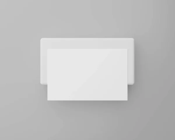 Blanko Weiße Visitenkarten Attrappe Auf Podium Vor Grauem Hintergrund Draufsicht — Stockfoto