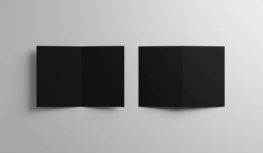 Open black bifold leaflet, brochure, catalogue mockup on grey background, 3D rendering