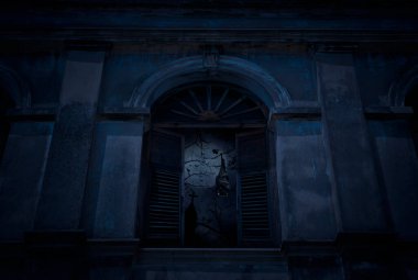 Yarasa uykusu ve ölü ağaca asılı eski hasarlı pencerenin üzerinde duvar, kilise, kuşlar ve ürkütücü bulutlu gökyüzü, Cadılar Bayramı gizemi