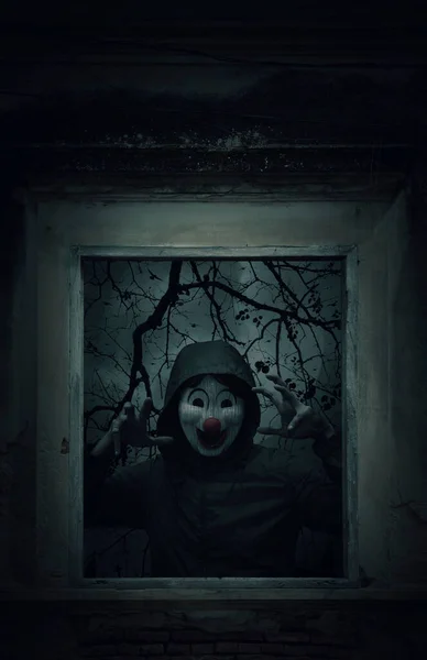 Scary Evil Clown Wear Jacket Standing Old Damaged Wood Window — Stock fotografie