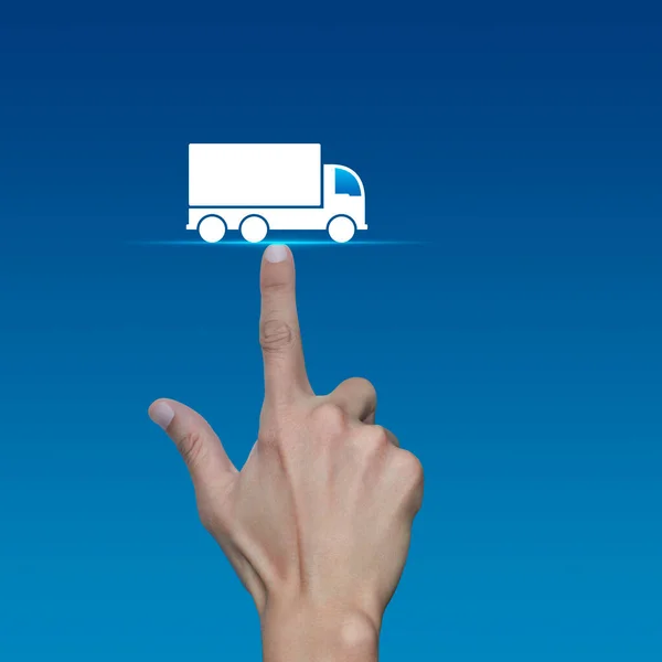 Hand pressing truck flat icon over light blue background, Truck transportation service concept