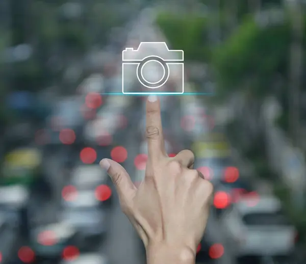 Χέρι Πατώντας Εικονίδιο Κάμερα Επίπεδη Πάνω Από Θαμπάδα Της Ώρας — Φωτογραφία Αρχείου