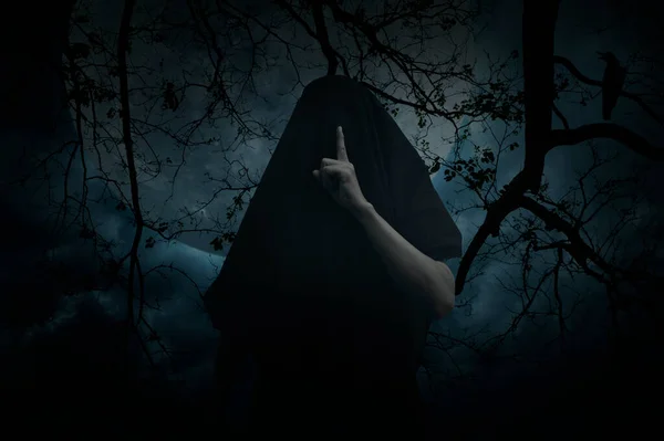 Grim Reaper Showing Silence Sign Finger Standing Dead Tree Crow — Stock Photo, Image