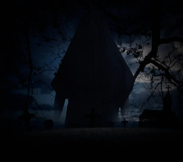 Kaszás Áll Felett Halott Kereszt Madarak Templom Kísérteties Felhős Halloween — Stock Fotó
