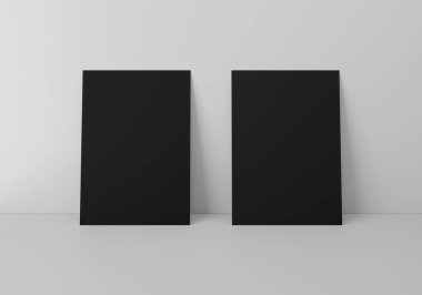 Boş 2 siyah dikey dikdörtgen A4 kağıt maketi gri duvarın üzerinde, 3D görüntüleme