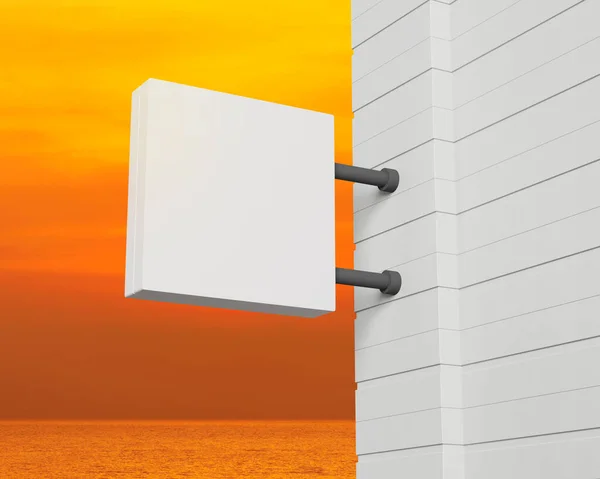 夕日の空と海の上に白い四角形の看板モックアップをぶら下げ 3Dレンダリング — ストック写真
