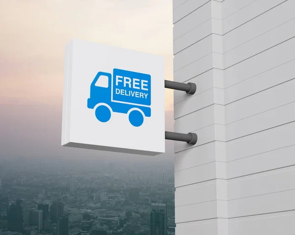 免费送货的卡车扁平图标挂在城市塔和摩天大楼上方的白色方块标牌上 日落时分 老式风格 3D渲染 — 图库照片