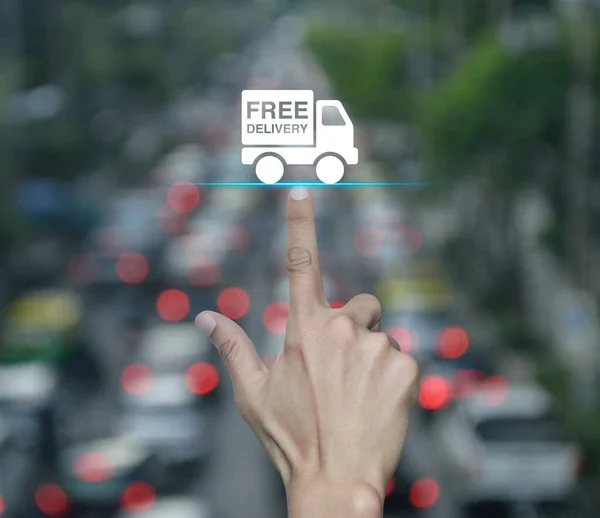 Рука Натискає Піктограму Безкоштовної Доставки Вантажівки Плоскої Пік Години Автомобілями — стокове фото