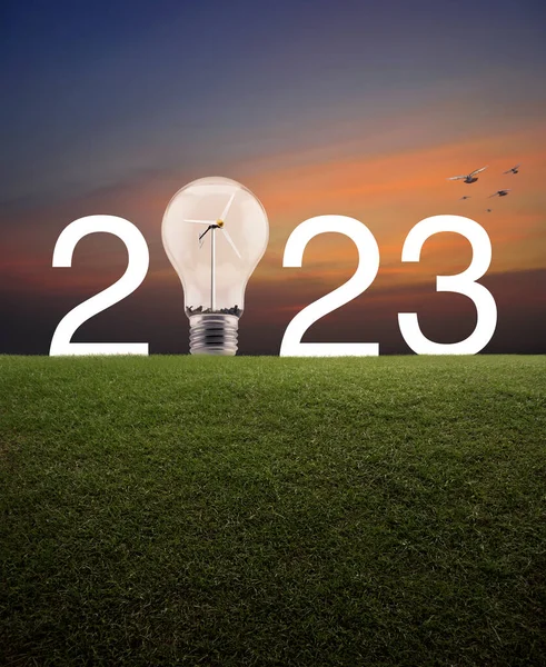 2023 Bílý Text Žárovka Větrnou Turbínou Uvnitř Zelené Louce Nad — Stock fotografie