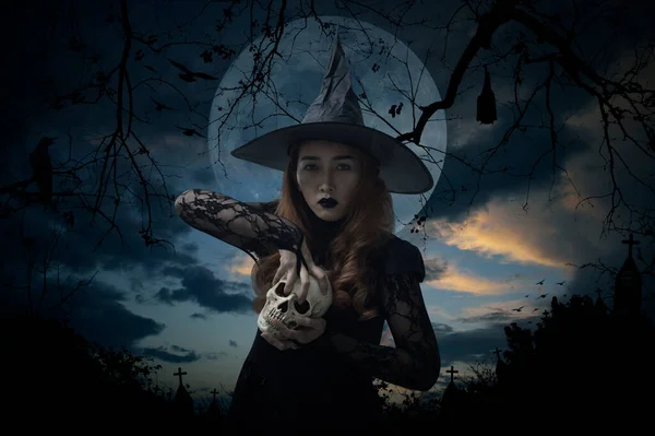 Halloween Witch Holding Skull Standing Cross Church Crow Bat Birds — Stock Photo, Image
