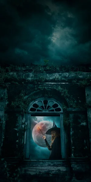Halloween Witch Holding Magic Wand Standing Ancient Castle Window Full — Φωτογραφία Αρχείου