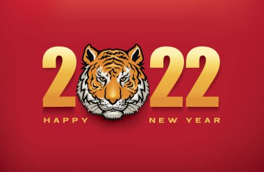 2022 Çin Yeni Yılı için tasarım. Sancak için kaplan başlı kavram, kırmızı arka planda kart