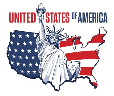 Özgürlük Anıtı. New York Özgürlük ve Demokrasi 'nin simgesi ve simgesi, ABD bayrağı ve haritası