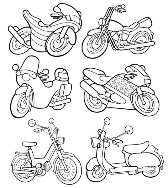 Set Bromfietsen Scooters Verschillende Motoren Kleurboek Pagina Voor Kinderen Volwassenen — Stockvector