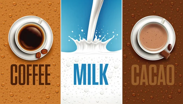 トップビューコーヒーとココアカップ ミルクスプラッシュ コーヒーとミルクの背景に新鮮なドロップがたくさんあります — ストックベクタ