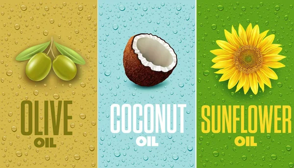 Coconut Olive Sunflower Food Oil Labels Many Oil Drops — Stockvector