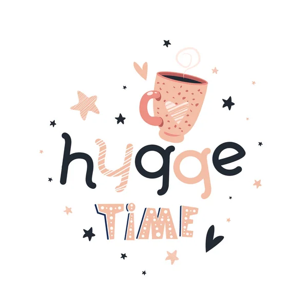 Aranyos Csésze Forró Itallal Kézzel Húzott Betűkkel Hygge Time — Stock Vector