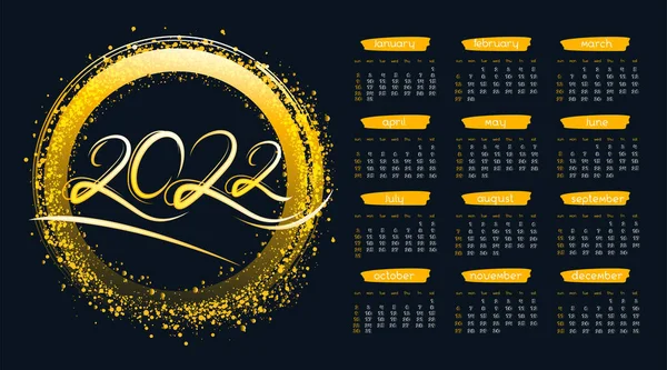 2022 Έτος Οριζόντιο Ημερολόγιο Νέον Κύκλο Πλαίσιο Χρυσή Λάμψη Μαύρο — Διανυσματικό Αρχείο