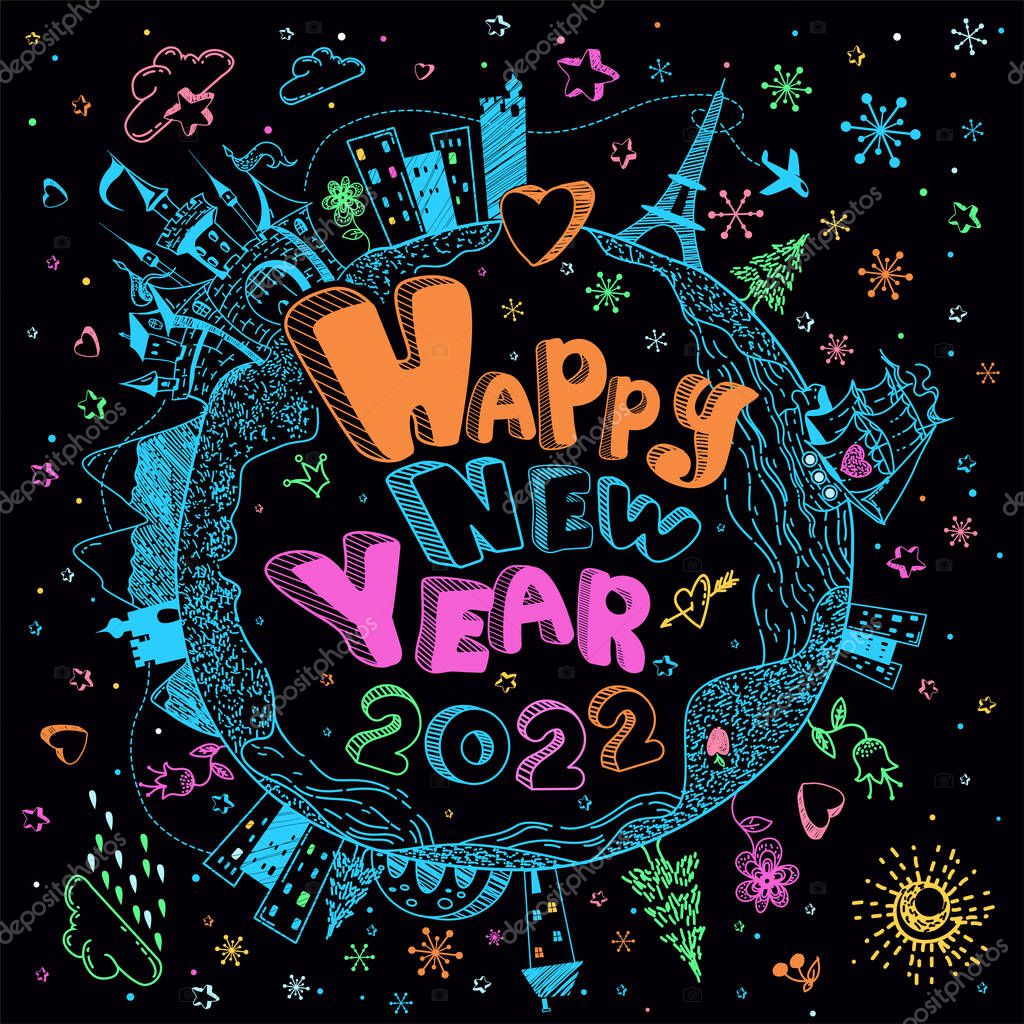 Feliz Año Nuevo 2022. Lindo dibujo animado infantil ilustración 2023