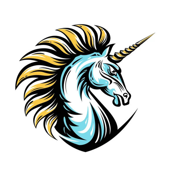 Angry Unicorn Head Golden Horn Mane Emblem — Stock Vector