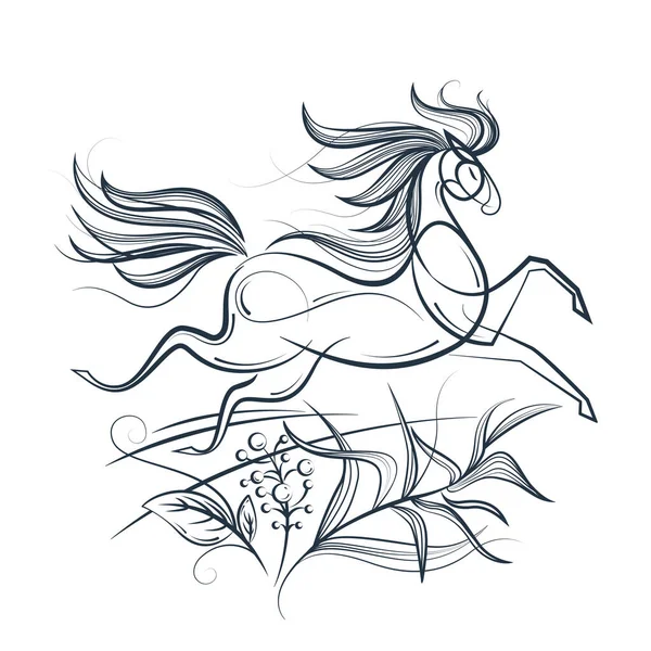 Line Horse Silhouette Running Field — Stock Vector