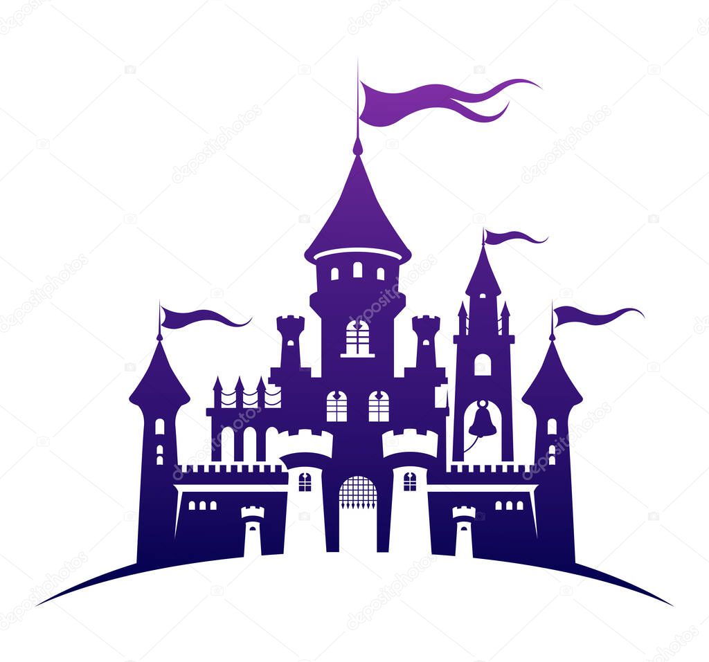 Castle silhouette standing on the hill. Abstract fairy tale fortress. Cartoon vector illustration. Child accessories, travel, tourism, fantasy design element or apparel, fabric print.