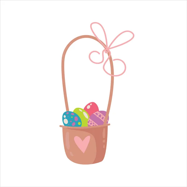 Cesta Pascua Con Huevos Corazón Lindo Estilo Dibujos Animados — Vector de stock