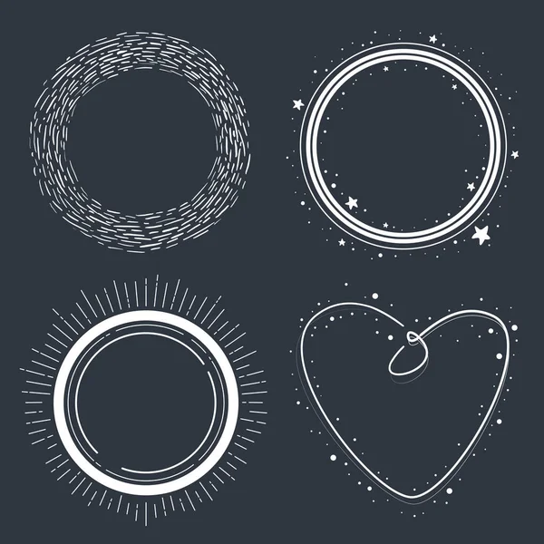 Sada Ručně Kreslených Kruhových Čmáranic Hvězdami Tvar Srdce Sluneční Paprsky — Stockový vektor