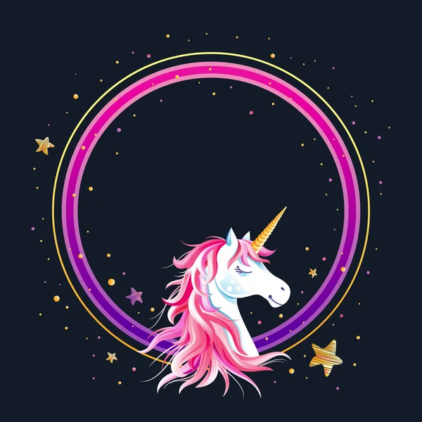 Lingkaran Bingkai Dengan Unicorn Dan Bintang Latar Belakang Hitam Karakter - Stok Vektor