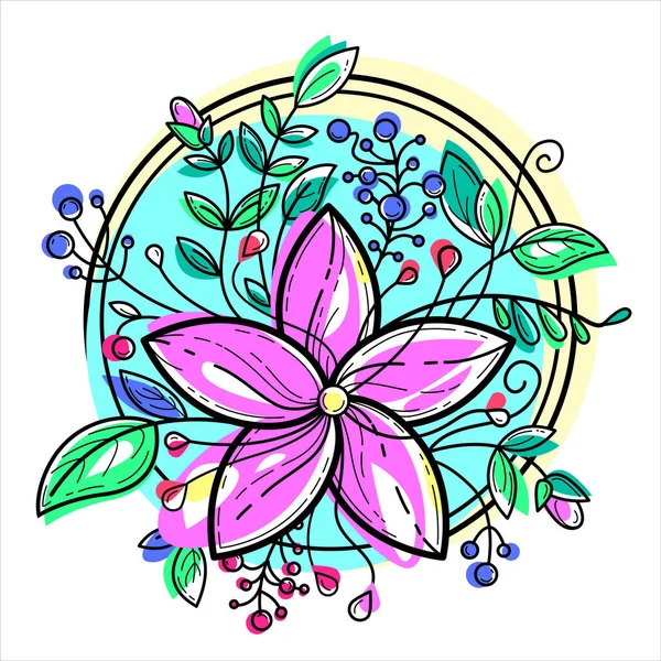 Colorful Print Floral Tune Circle Frame Petal Flower Leafs Burgeons — Stock Vector