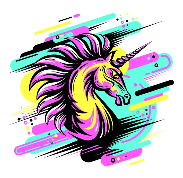 Cool Bright Print Angry Unicorn Fury Magic Animal Colorful Illustration — Stock Vector