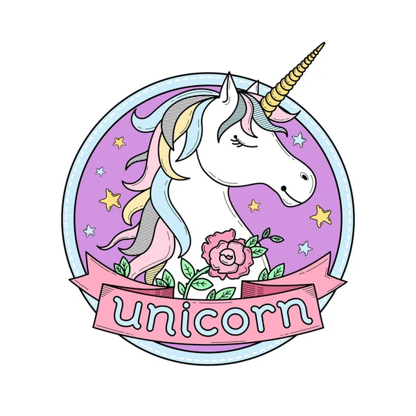 Poster Lucu Kartu Ucapan Stiker Atau Cetakan Dengan Unicorn Bunga - Stok Vektor
