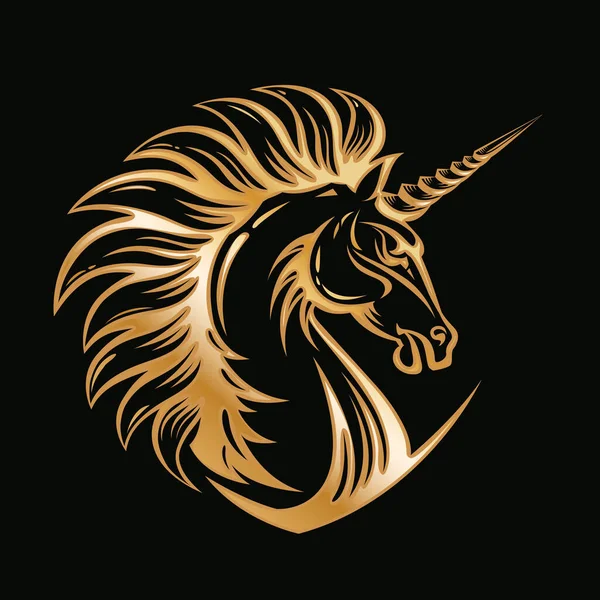 Kızgın Tekboynuz kafası. Altın amblem. Fury Magic hayvan simleri çizimi. Simge, giysi baskısı, amblem, maskot, spor ya da oyun takımı amblemi, peri masalı kitabı