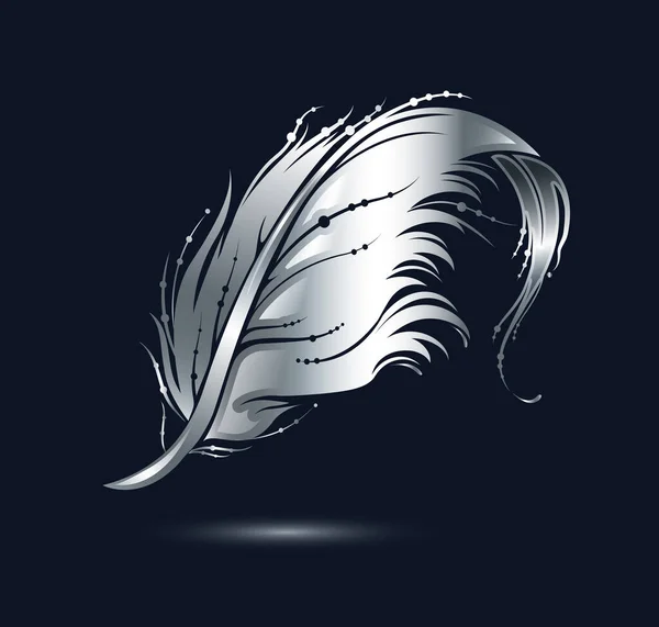 Silberne Vogelfeder Ikone Dekoratives Gestaltungselement Isoliert Auf Schwarzem Hintergrund Vektorillustration — Stockvektor