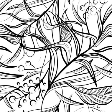 Siyah beyaz çiçekli, yapraklı, böğürtlenli çiçek desenli. Boyama kitabı tasarımı, moda, tekstil, tebrik kartları, hediye ambalaj kağıdı, koleksiyon defteri için vektör hattı sanatı. Beyaz arkaplan