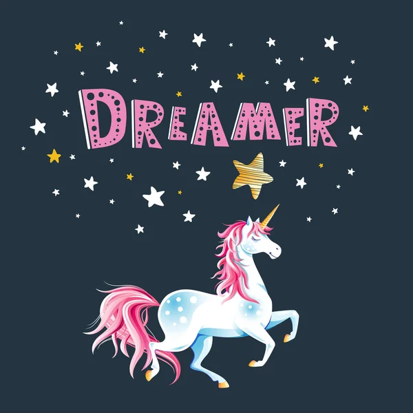 Cartel Motivacional Con Letras Dreamer Unicornio Lindo Diseño Para Tarjeta — Vector de stock