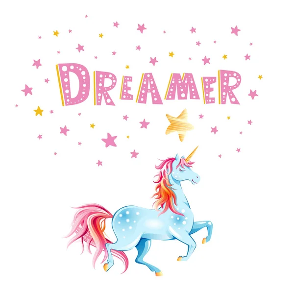 Cartel Motivacional Con Letras Dreamer Unicornio Lindo Diseño Para Tarjeta — Vector de stock