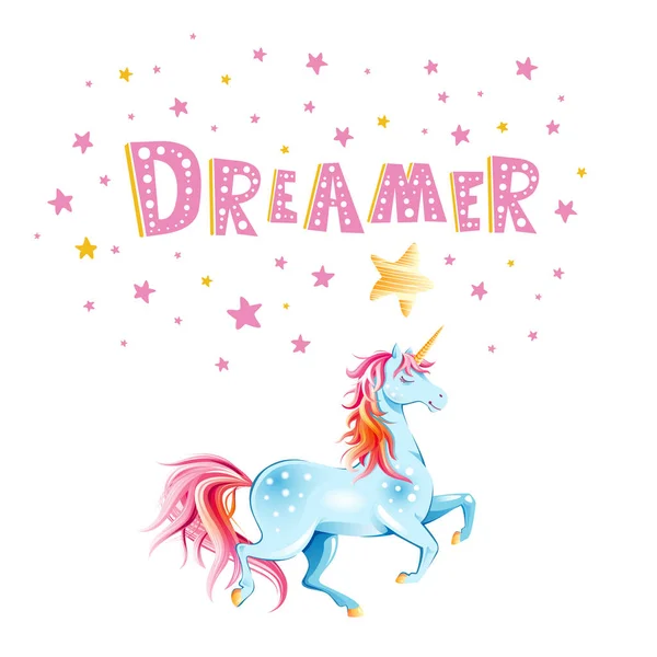 Manifesto Motivazionale Con Scritta Dreamer Unicorno Carino Design Biglietto Auguri — Vettoriale Stock