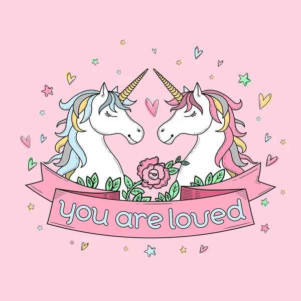 Cute Valentine Kartu Ucapan Atau Pakaian Cetak Dengan Dua Unicorn - Stok Vektor