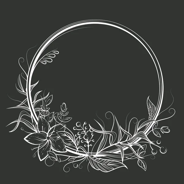 Circle Frame Flower Leaf Berry Copy Space Black White Doodle — Vettoriale Stock