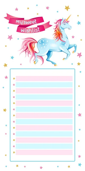 Kartu Wishlist Lucu Dengan Unicorn Pita Dan Bintang Bintang Latar - Stok Vektor