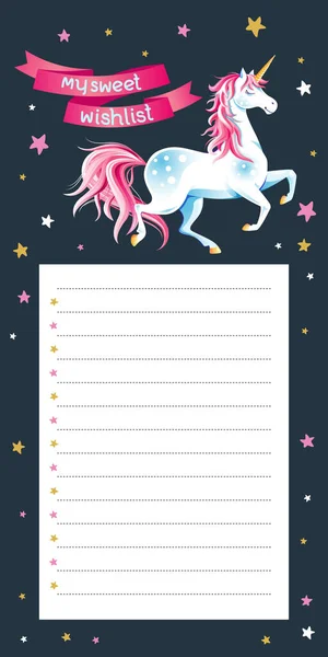 Cute Wishlist Card Unicorn Ribbon Stars Black Background Christmas New — Wektor stockowy